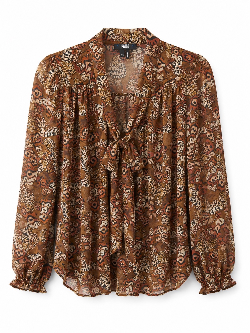 PAIGE 100% Silk Brown & Rust Floral Tie-Neck Blouse
